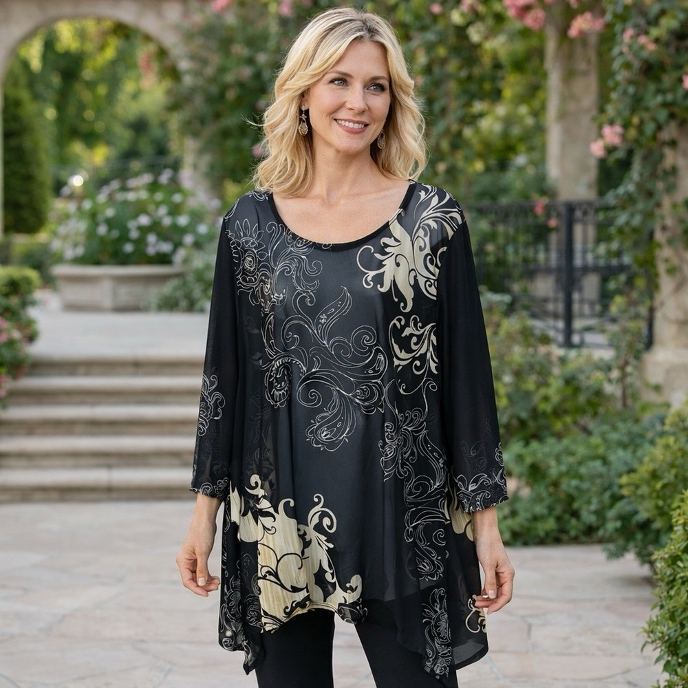 NWOT Chico's Travelers Paisley Print Sheer Asymmetrical Tunic Career Luxury 3 XL